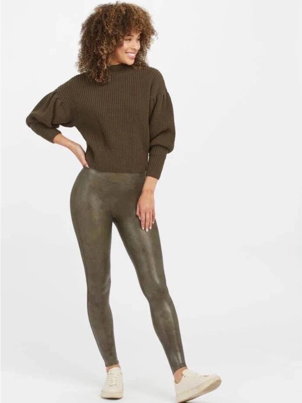 SPANX Faux-Leather Leggings in olive size medium
